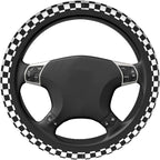 Racing Flag Steering Wheel Cover - 15 Inch Black White Checkered Steering Wheel Cover Anti-Slip Universal Checkered 2 Pcs Car Interior Cup Holder Pad for Men Women