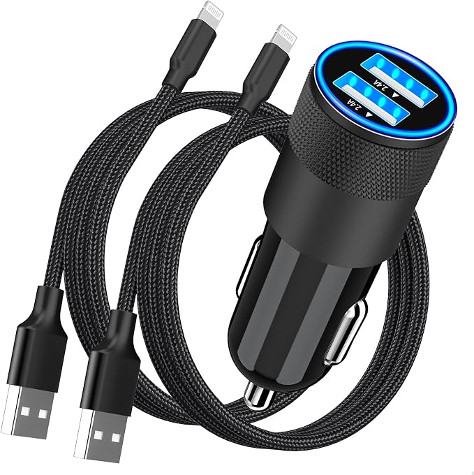 【MFi Certified】iPhone Car Charger Fast Charging, 4.8A Dual USB Smart Power Cigarette Lighter USB Car Charger with 2Pack Lightning Braided Cable for iPhone 14 13 12 11 Pro XS Mini XR X SE iPad