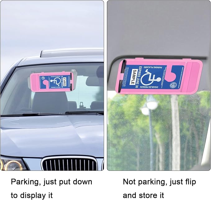 Handicap Placard Holder for Auto, Disabled Parking Permit Sign Protector for Car Sun Visor with Note Paper Slot, Pen Holder and Elastic Strap - Pink