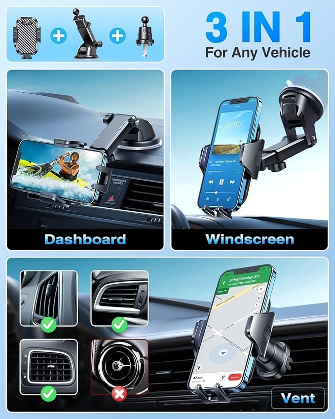Car Phone Holder 2026 Ultimate Military-Grade Strongest Suction & Clip Windshield Dashboard【Newest Best Strongest】Cell Phone Shower & Wall Mounts for iPhone 17 Pro Max 16 15 14 13 Android