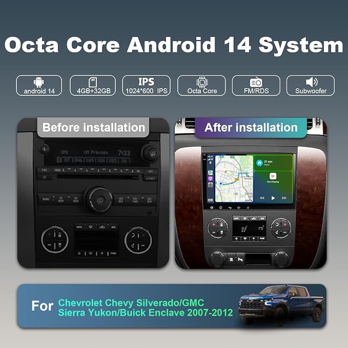 4+32G 8 Core Car Radio Stereo for Chevrolet Chevy Silverado/GMC Sierra Yukon/Buick Enclave 2007-2012 | Android 14 Wireless CarPlay & Android Auto | 8‘’ HD Touchscreen | Backup Camera AM/FM/RDS Wi-Fi