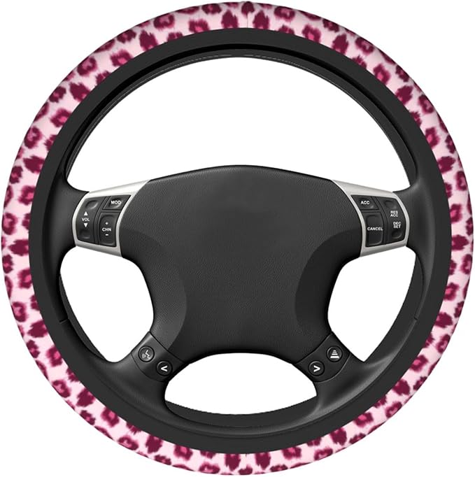 Pink Leopard Pattern Steering Wheel Cover Pink Cheetah Pattern Steering Wheel Cover Anti-Slip Breathable 15 Inch Universal 2 Pcs Car Interior Cup Holder Pad for Men Women