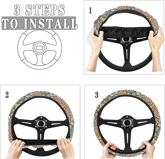 Boho Floral Bright Blossoms Car Steering Wheel Covers for Womens Anti-Slip Comfortable Stretch-on Steering Wheel Protector Cover Sweat Absorption Cover Car Accessories