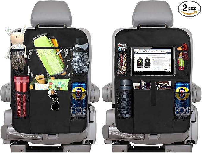 Backseat Car Organizer Kick Mats, KNGUVTH Car Seat Back Protectors with Clear 10" Tablet Holder + 5 Storage Pockets Back seat Organizer for Kids Toy Bottle Drink Vehicles Travel Accessories (2 Pack)