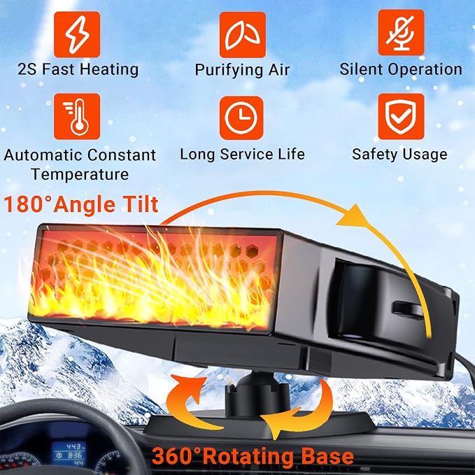 Car Heaters, 12V 200W Portable Vehicle Heaters and Defrosters, Windshield Defogger and Defroster, Car Heater That Plugs into Cigarette Lighter, 2 In 1 Fast Heating & Cooling Fan for All Cars