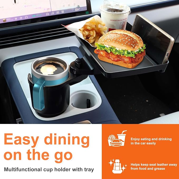 Car Large Cup Holder Expander, 3-in-1 Cupholder Extender with Swivel and Detachable Snack Food Tray Table for Eating, Travel Essentials for Road Trips for Driver. Model E