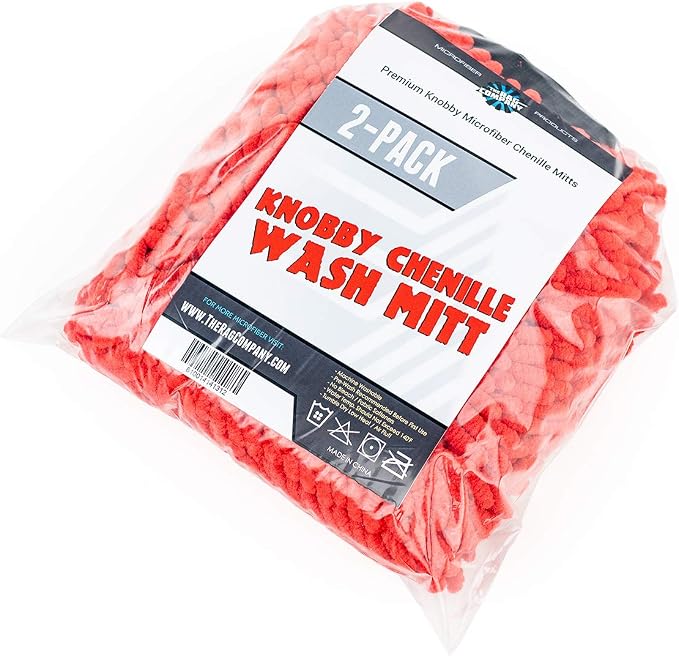 Premium Chenille Microfiber Knobby Wash Mitts - Perfect for Car Washing and Detailing; Scratch-Free, Lint-Free, Double-Sided, Plush, and Absorbent; Red (2-Pack)