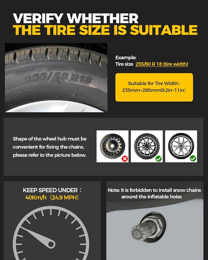 Upgrade Alloy Steel Tire Chains for Car/SUV/Pickup Truks, Adjustable Universal Emergency Snow Chains for Pickup Trucks and Off-road SUV Car Tires 235 245 255 265 275 285 - Set of 6, Alloy Steel