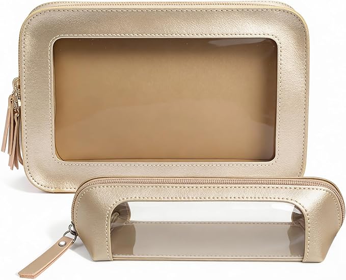 2Pack Clear Makeup Bags, Makeup Pouch for Purse Slim Make Up Brush Bag for Girls Car Accessories Essentials for Women(2Pack-Gold Set)