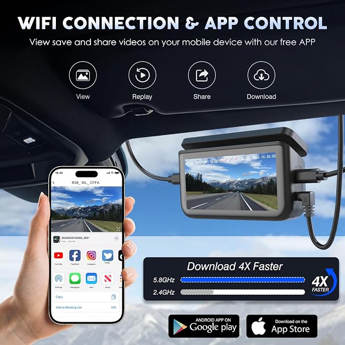 360 View 4 Channel Dash Cam Front and Rear, Left Right Detached Side Camera for Cars,3.39'' Large Touchscreen,GPS and 5G WiFi, Night Vision,Parking Mode,G-Sensor,APP Control, Included 128GB Card ﻿