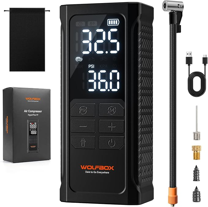 HyperFlow19 Tire Inflator Portable Air Compressor, Cordless Air Pump for Car Tires with Digital Pressure Gauge, Auto Shutoff & LED light, Tire pump for Car, Motorcycle, Bike