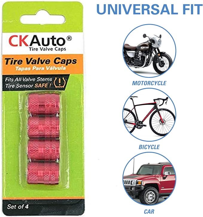 Tire Valve Stem Caps, Anodized Aluminum Tire Valve Cap Set | Corrosion Resistant, Universal Stem Covers for Cars Trucks Motorcycles SUVs and Bikes (Red-US)