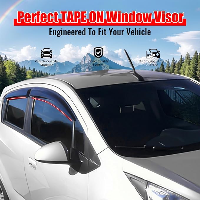 Window Visors Compatible with 2013-2015 Chevy Spark, Hatchback 4Dr Slim line Tape On- Smoke Tint Acrylic by, 2014 |, Hatchback 4Dr, Slim line, Tape On- Smoke, Improve Circulation, Impact Resistant, Waterproof, Tint, 2014