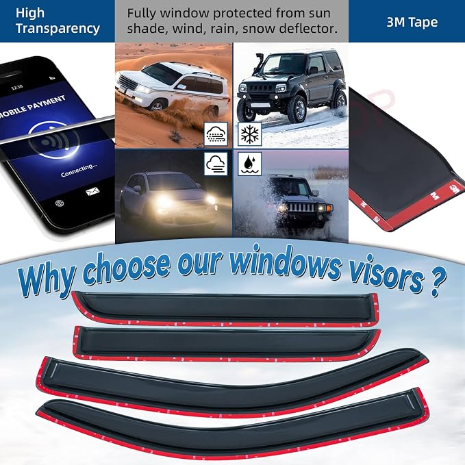Set of 4 Window Visors Compatible with 2009-2014 F-150 SuperCrew/Crew Cab Front+Rear Smoke Sun/Rain Guard Outside Mount Tape-On Acrylic with 4 Full Size Doors