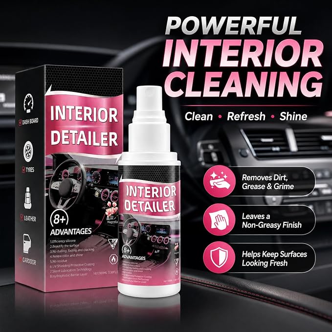 Car Interior Cleaner Spray Kit, Dashboard & Trim Detailer for Plastic, Vinyl, Rubber, Door Panels, Consoles & Finished Leather, Non-Greasy Auto Interior Cleaner with Towel & Sponge