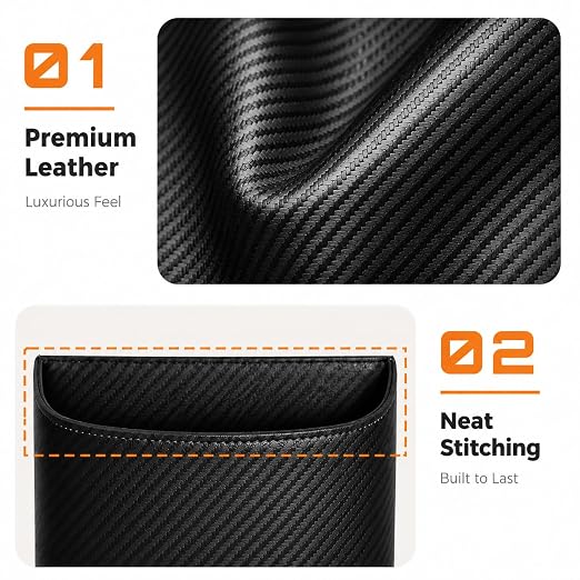 Leather Car Trash Can – Leakproof & Easy-to-Clean Car Garbage Can for Luxury Cars, SUVs & Trucks | Includes 60 Custom Liners, Secure Hook, Easy Install, Carbon Fiber