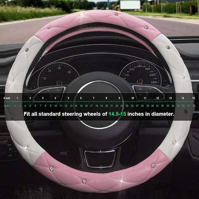 White Pink Steering Wheel Cover, Anti-Slip Steering Wheel Protector with Crystal Rhinestones Microfiber Leather, Steering Wheel Cover for Women and Girl Fit 14.5-15 inch
