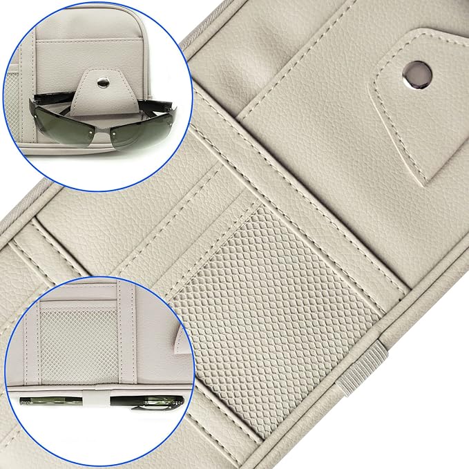 Car Visor Organier Truck SUV Sun Visor Storage Pocket PU Leather Pouch Holder with Multi-Pocket Double Zipper Net Pocket, for Cards Pens Sunglasses Document (Cream Grey)