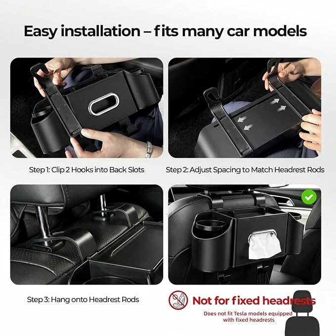 Car Seat Back Organizer with Headrest Hooks, Premium Nappa Leather Backseat Storage Pockets for Match Day Tailgating, Space Saving Auto Interior Travel Accessories Holder Fits Most Vehicles (Black)