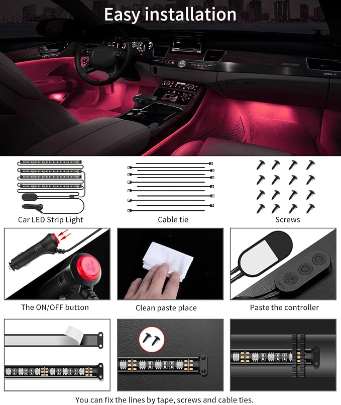 Car LED Lights, RGB Smart Car Interior Lights, App Control | DIY Mode and Music Mode, 2 Lines Design LED Lights for Cars with Car Charger, 12V