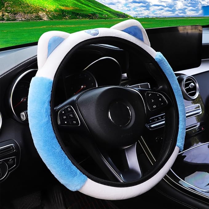 Car Steering Wheel Cover, Fluffy Soft Plush for Winter Warm, Cute Steering Wheel Protector with Kitty Cat Ears, Universal 15 Inch, Elastic & Anti-Slip, Lovely Decor Car Accessories (Blue)