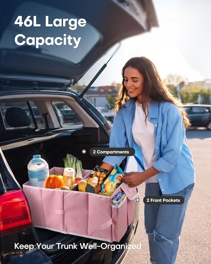 Trunk Organizer for Car - Car Organizer, Foldable Trunk organizer for SUVs & Sedans, Sturdy Organization for Car Accessories, Tools, Sundries, Pink, 2 Compartments, 23.6"×14.2"×10.6"