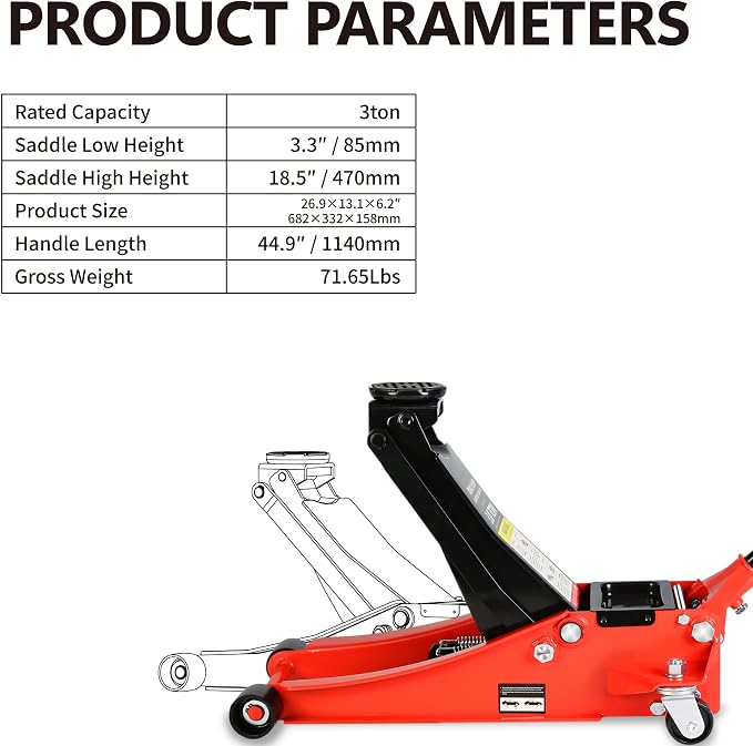 Floor Jack, Professional Heavy Duty Hydraulic Floor Jack, Low Profile Steel Racing Floor Jacks w/2 Piston Quick Lift Pump, Lifting 3.3"-18.5" 3 Ton(6000lb) Capacity Red