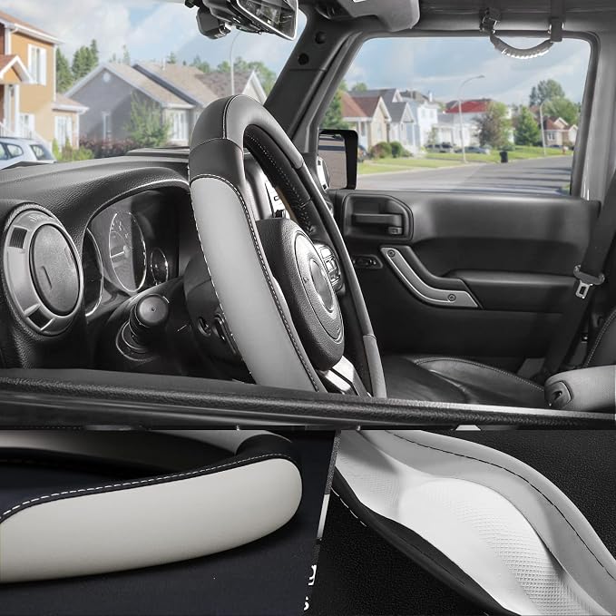 Car Steering Wheel Cover Large Size for F150 F250 F350 Ram 4Runner Tacoma Tundra Range Rover with 15 1/2 inches-16 inches Outer Diameter, Black and Gray Microfiber Leather