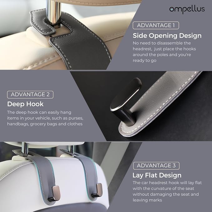 Car Headrest Hook, 2 Pack Leather Car Seat Hooks for Purses and Bags, Car Organization Accessories (Black)