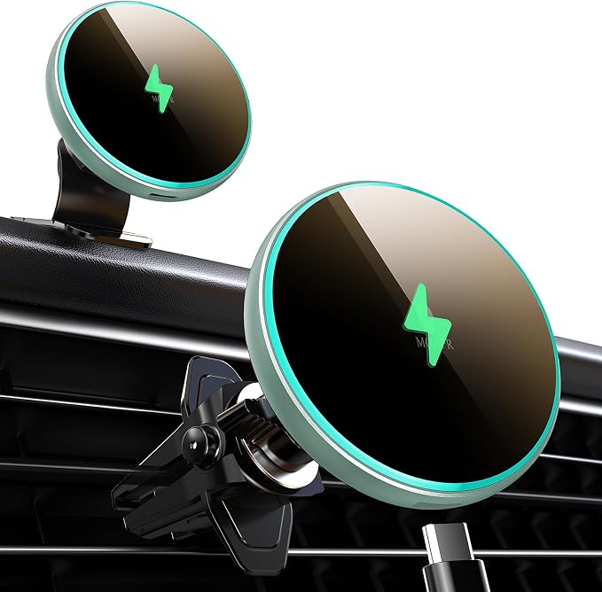 for Magsafe Car Mount Charger-15W Wireless Car Charger-Magnetic Car Phone Holder for Dash Air Vent-LED RGB HandsFree Car Mount Fast Car Charger for iPhone 16 15/14/13/12 Series Green