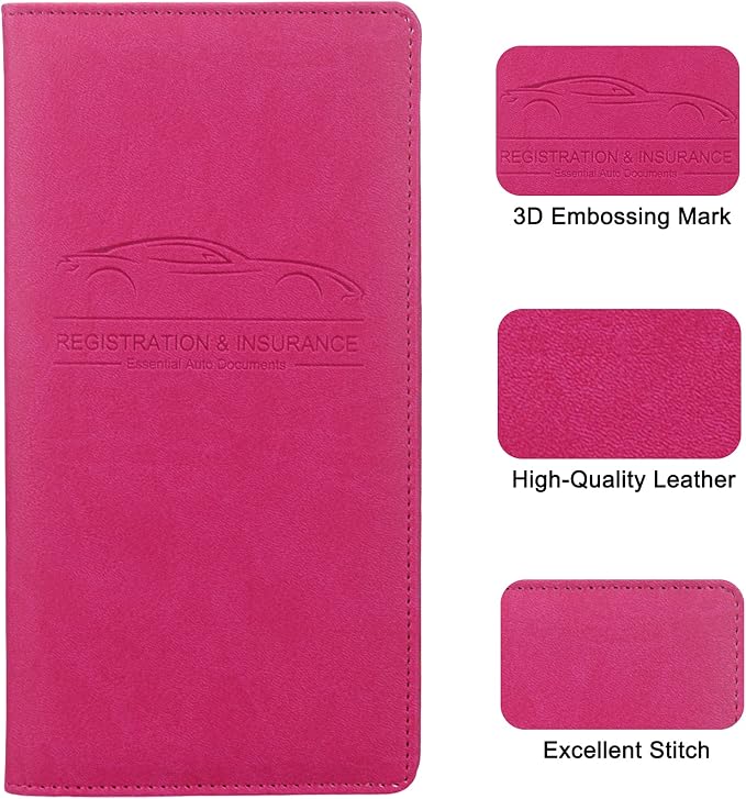 Premium Car Registration & Insurance Card Holder with Magnetic Shut, Vehicle Glove Box Car Organizer - For Documents, Cards, License (Rose red)