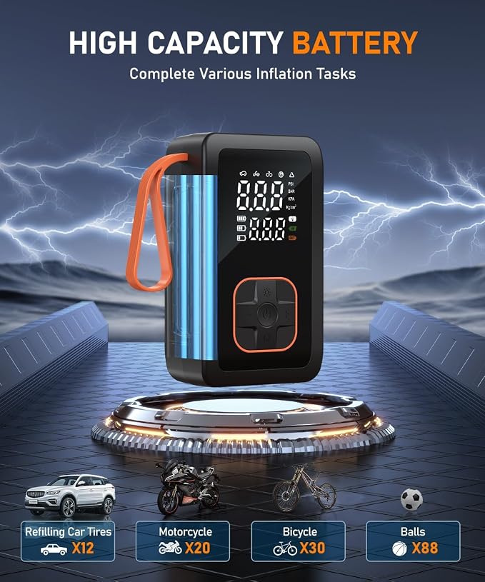Tire Inflator Portable Air Compressor, 150PSI Cordless Air Pump with Digital Pressure Gauge, Air Pump with Cigarette Lighter Plug for Car, Motorcycle, Bicycle, Balls(Black)