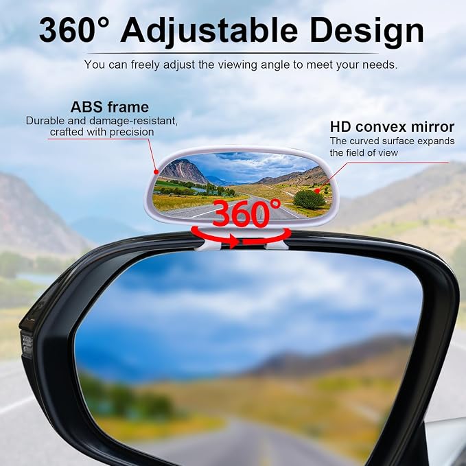 Clip on Blind Spot Mirror, HD Glass Frameless Convex Rear View Mirrors Exterior Accessories with Wide Angle Adjustable Stick for Car SUV and Trucks, White