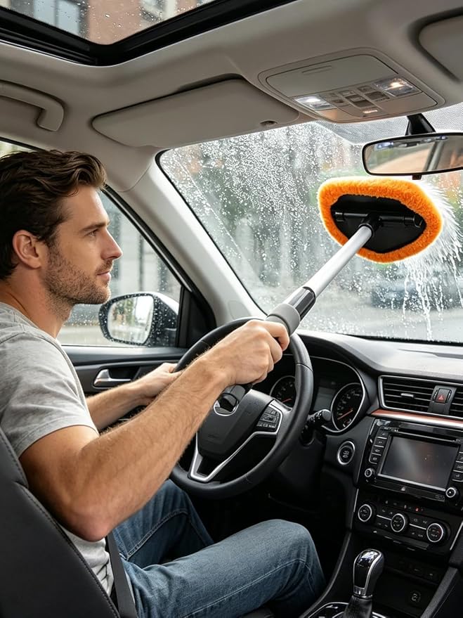 Car Windshield Cleaner Tool with Reusable Microfiber Pads Extendable Handle (1, Orange)