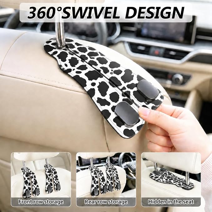 Cute Cow Car Seat Back Storage Headrest Hooks for Purses & Bags – 2PCS PU Leather Dual Metal Hooks, Backseat Organizer Accessories