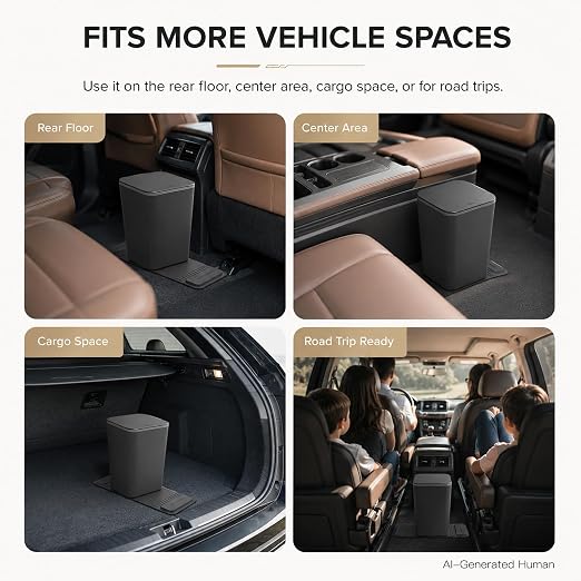 Mini Car Trash Can with Press Lid, Leakproof One-Piece Design, ABS Plastic Garbage Bin with Stainless Steel Spring for Auto Interior (Black)