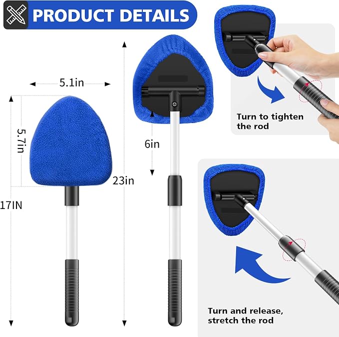 Windshield Cleaning Tool, 23-inch Extendable Handle Car Window Cleaner with 4 Reusable and Washable Microfiber Pads, Auto Glass Wiper Kit for Interior & Exterior, Ideal for Dirty Car Windows, Blue