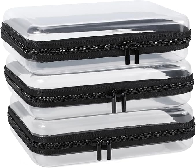 3 Pack Clear Hard Shell Zipper Case, Clear Zipper Pouches Waterproof Makeup Organizer & Travel Toiletry Bag, Plastic Pouch for Travel Office Storage, Black Medium Size
