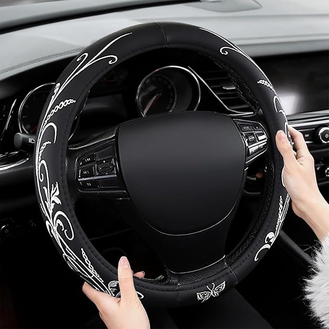 Car Leather Steering Wheel Cover - Panapi Material, Universal 14.5-15 Inch Leather Anti-Slip Breathable Auto Steering Wheel Covers for Men Women (Embroidery-White)