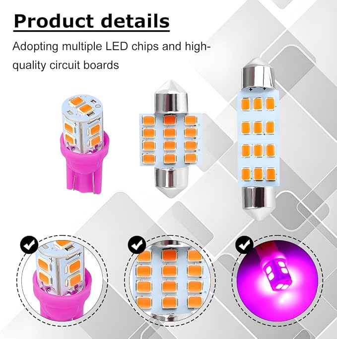 24PCS LED Interior Car Lights, T10 31mm 41mm Dome Bulb Kit, Purple | 194 168 2825 DE3175 578 sockets, alloy PCB, output for map trunk license tag, plug in, automotive accessories