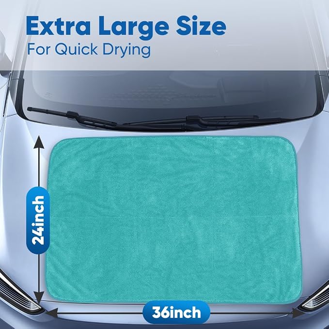 Professional Car Drying Towel (36"x 24") with Twisted-Loop Technology, 1200GSM for a Streak-Free Finish – Microfiber Towels for Cars, Trucks, SUVs, RVs and Motorcycles, Lake Green