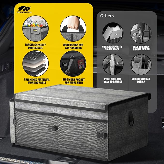 Car Trunk Organizer - 65L Collapsible Trunk Organizer with Lid, Sturdy Car Storage for SUV Auto Truck Van with Adjustable Straps and Non Slip Bottom (Gray)