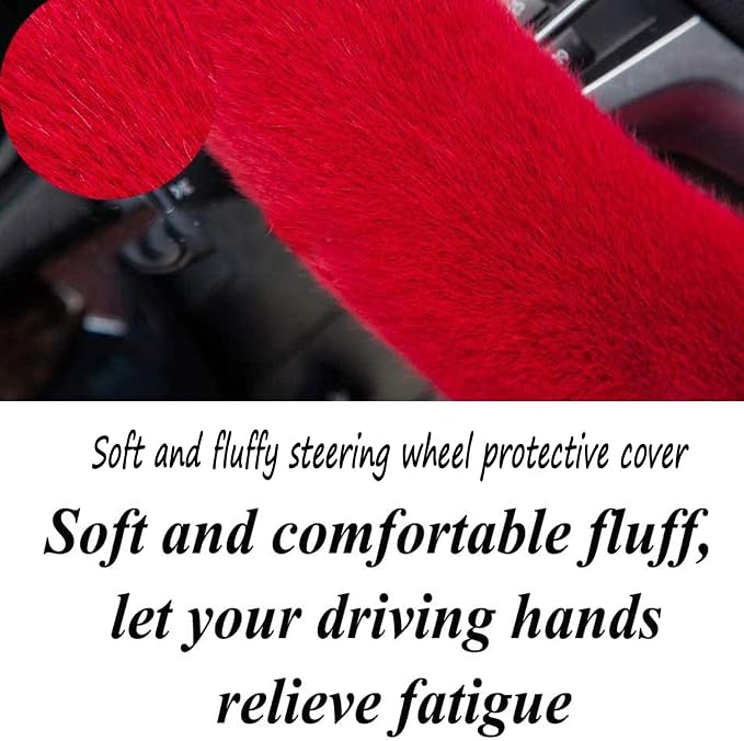 Fluffy Steering Wheel Cover for Women Fuzzy Steering Wheel Cover Winter Warm Faux Wool Plush Car Wheel Cover Furry Steering Wheel Protector Universal Fit 15 Inch (Red)