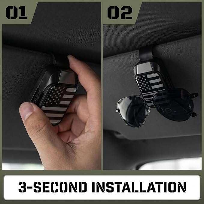 2 Pack Sunglasses Holder for Car, One-Handed-Operation Visor Sunglass Holder Clip, Easy Access Storage for Driving,Universal Fits (Black with American Flag Logo)