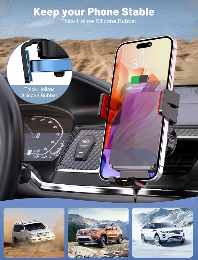 Wireless Car Charger, Auto-Clamping Car Mount 15W/10W/7.5W Fast Charging Air Vent Car Phone Mount Compatible with iPhone 15/14/13/13 Pro/12 Pro Max/12/11/10/8 Series, Samsung Galaxy Series Red