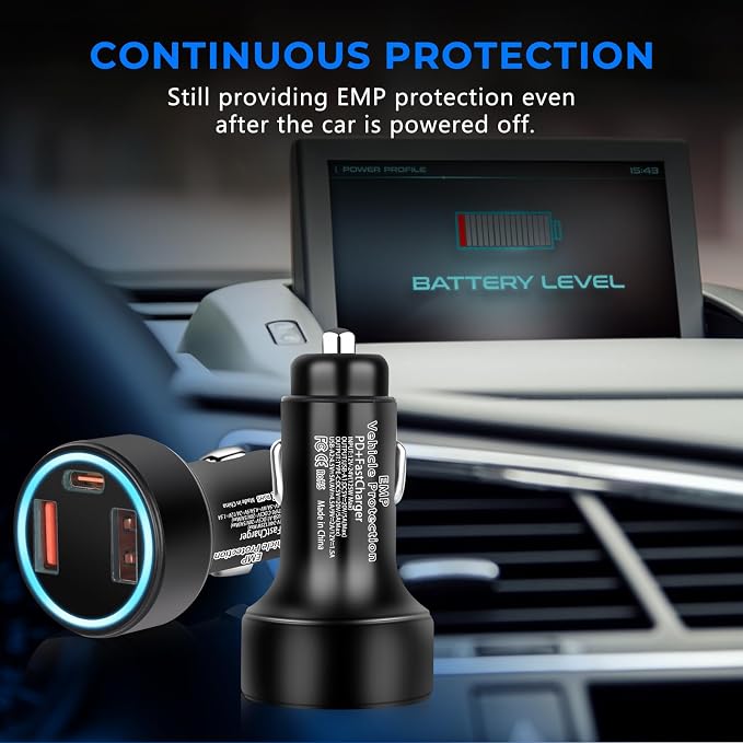 EMP Vehicle Protection, Equipped with Additional USB Sockets, Suitable for 12-Volt DC in Cars and Trucks, Providing Protection Against Solar Flares & Power Surges