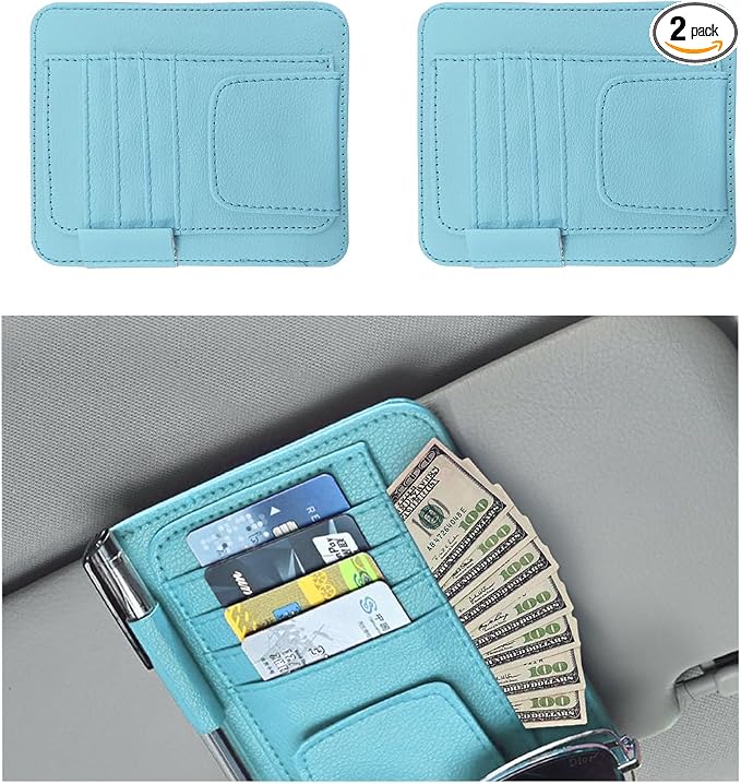 2 PCS Car Sun Visor Organizer, Small Auto Visor Organizer and Storage, Registration and Document Holder for Sunglasses, Card, Pen, Driver License, Car Accessories (Blue)