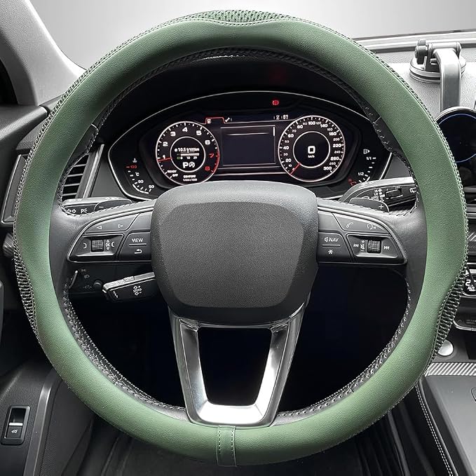 Car Steering Wheel Cover, Universal 15 inch, the Latest Microfiber Leather Breathable Technology Fabric, Non-Slip, Comfortable, Warm in Winter and Cool in Summer, Green