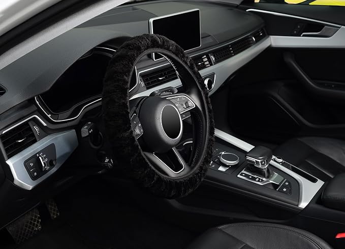 Elastic Long Microfiber Plush Steering Wheel Cover for Winter Warm, Universal 15 inch, Anti-Slip, Odorless, Black