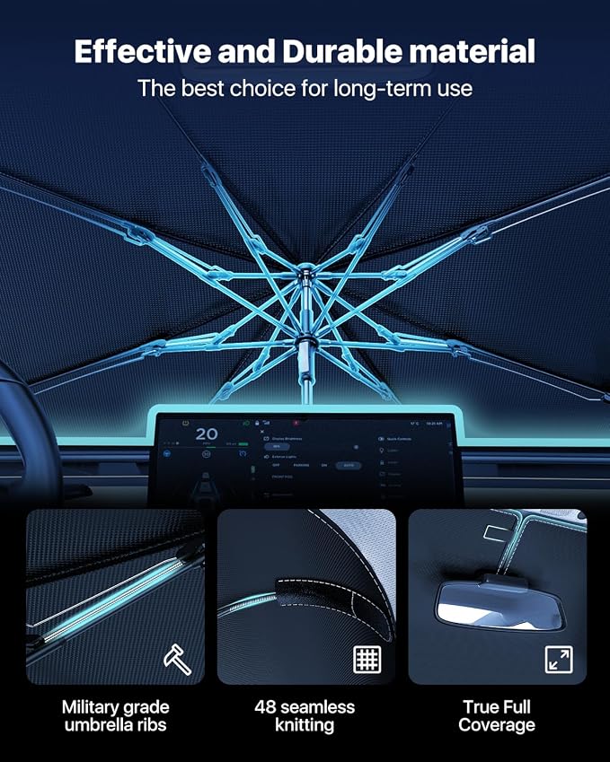 [Upgraded] Windshield Sun Shade Umbrella For Truck- [Vinyl Coating Heat Shield] Protect Car from Sun Rays & Heat Damage Keep Cool and Protect Interior, Spring Structure Edge Large 61" L x 35" W
